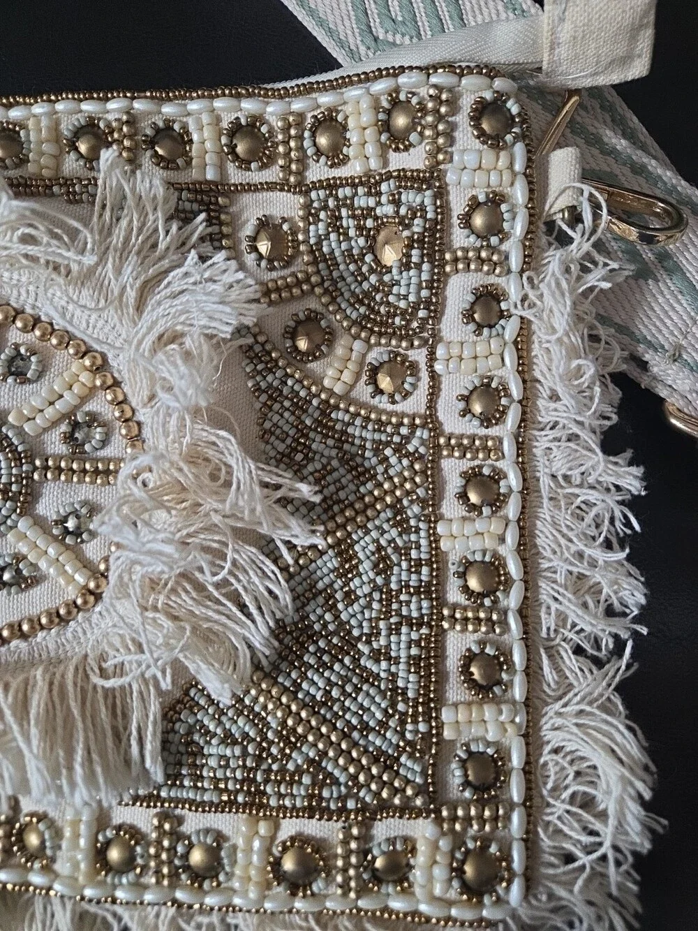 Boho Beaded Fringe Crossbody Bag Cream Gold Pearl - Used